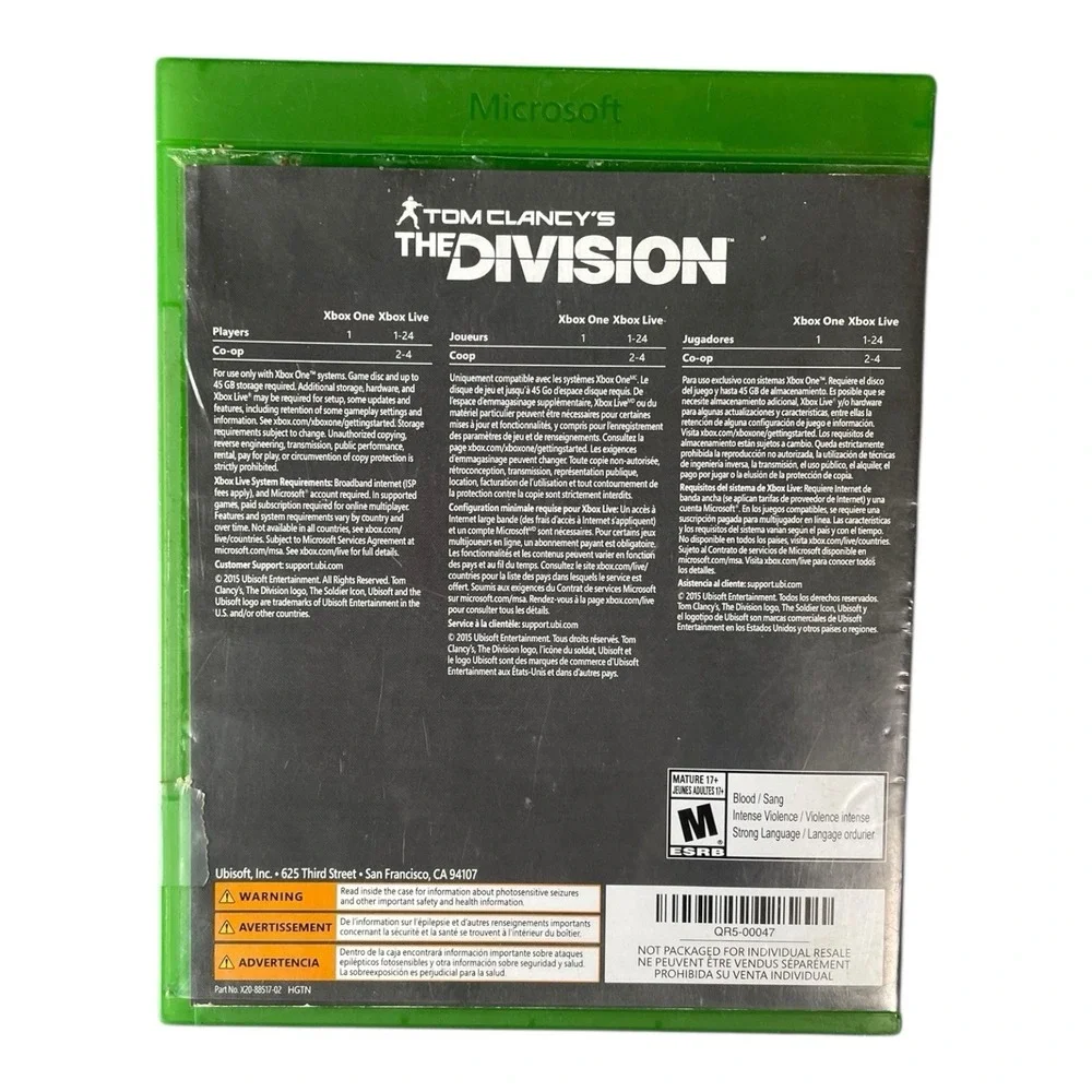 UbiSoft Tom Clancy's The Division Xbox One Video Game Rated Mature